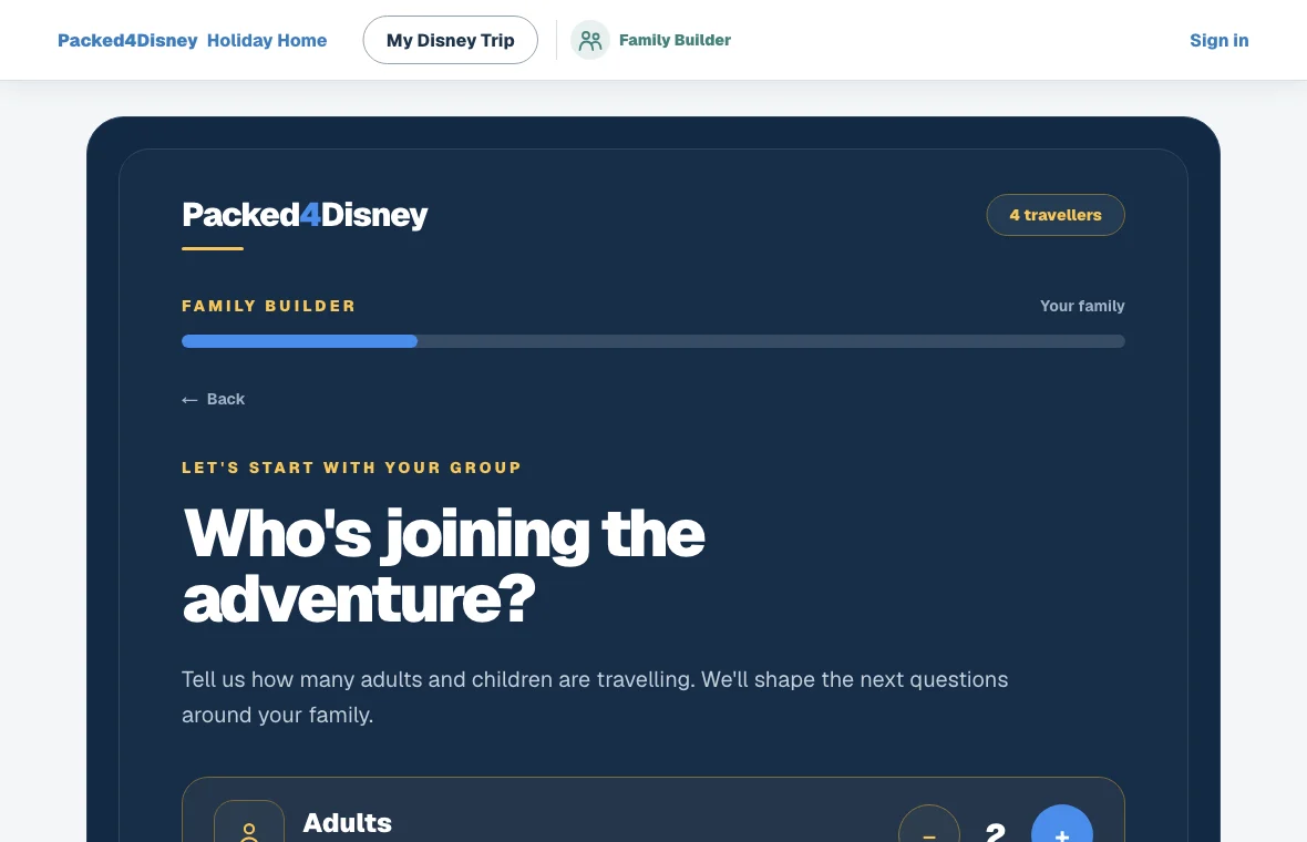 Family Builder asking about the adults and children travelling